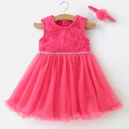 Mark & Mia Sleeveless Sleeveless Frock Style Onesie with Floral Lace Detailing & Headband - Pink-picture-15