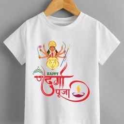 KNITROOT Durga Pooja Theme Half Sleeves Happy Durga Pooja Text Printed Tee - White-picture-14