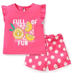 Babyhug Cotton Knit Frill Sleeves Floral & Lemon Printed Night Suit - Pink-picture-18