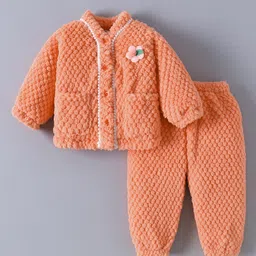 Kookie Kids Full Sleeves Winter Wear Night Suit with Floral Applique - Orange-picture-14