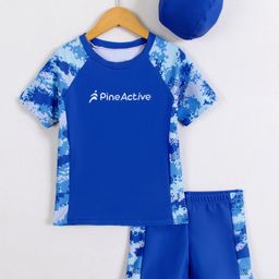 Pine Active Half Raglan Sleeves Printed Two Piece Swimsuit With Swimming Cap - Blue-picture-43