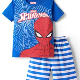 Babyhug Marvel Single Jersey Knit Half Sleeves Shorts Night Suit With Spider-Man Graphic - White & Blue-picture-23
