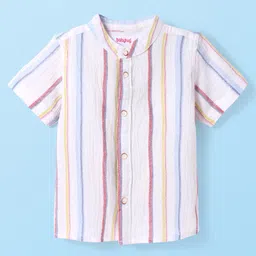 Babyhug Cotton Woven Half Sleeves Mandarin Collar Stripe Shirt - White & Pink-picture-28