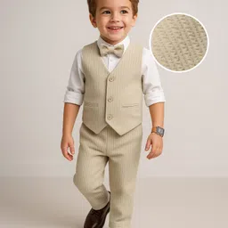 Babyhug Knit Full Sleeves Solid 3 Piece Party Suit With Bow - Beige-picture-18