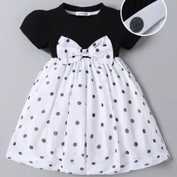 Mark & Mia Half Sleeves Party Dress with Bow Applique & Polka Dots Print - Black & White image 1