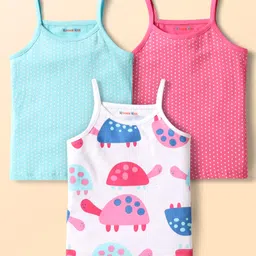 Kookie Kids Single Jersey Knit Sleeveless Slips With Polka Dots & Turtoise Print Pack of 3 - Dark Pink & Light Blue-image-64