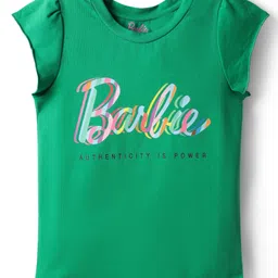 Lil' Drama Cotton Knit Mattel Featuring Short Sleeves Barbie Text Printed Top - Green-picture-12