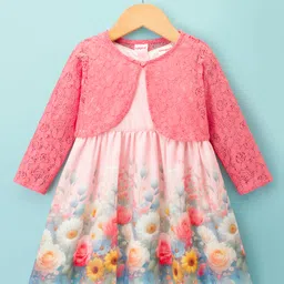 Babyhug Cotton Woven Full Sleeves Jacket & Frock With Floral Print & Lace Detailing - Pink-picture-27