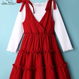 arias by lara dutta Arias Woven Solid Dress With Full Sleeves Inner Tee & Shoulder Tie Up - Red & White-picture-34