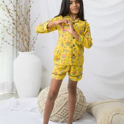 Fairies Forever Cotton Woven Full Sleeves Breakfast Printed Coordinating Shirt & Shorts Night Suit Set - Yellow-picture-22