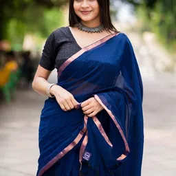 AWRIYA Solid Silk Cotton Gold Border Handloom Saree image 4