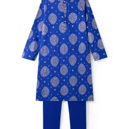 EARTHY TOUCH Single Jersey Knit Full Sleeves Kurta Pajama Set With Floral Print - Blue image 2