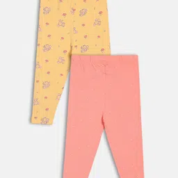 MINI KLUB Cotton Knit Pack Of 2 Polka Dots & Baby Mouse Printed Leggings - Orange & Pink image 3