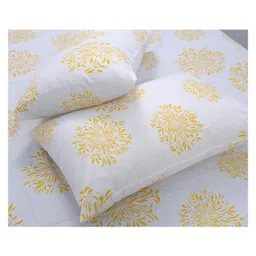 Huesland by Ahmedabad Cotton 144 TC Geometric Cotton Single Bedsheet with Pillow Cover - White (Yellow Print) image 4