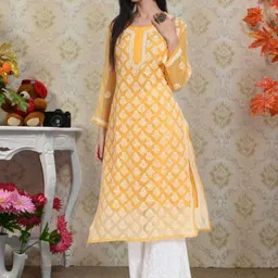 PARAMOUNT CHIKAN Women Ethnic Motifs Embroidered Chikankari Floral Georgette Kurta-image-63