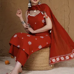 Anouk Mirage Women Ethnic Motifs Embroidered Regular Thread Work Kurta with Palazzos & With Dupatta image 2