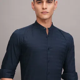 HIGHLANDER Men Band Collar Horizontal Striped Cotton Casual Shirt-picture-35
