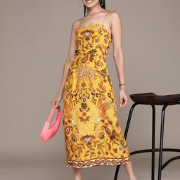Label Ritu Kumar Yellow & Brown Ethnic Motifs Printed Styled Back Crepe A-Line Maxi Dress-picture-42