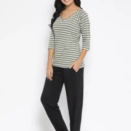 Clovia Green Striped Top & Pyjama Set-image-3