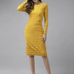 KASSUALLY Mustard Embellished Bodycon Dress-image-9