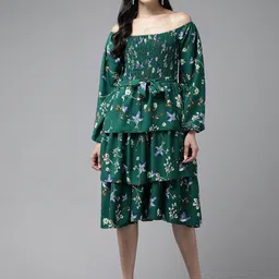 BAESD Floral Printed Off-Shoulder Puff Sleeve Georgette Layered Fit & Flare Midi Dress image 1