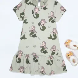 Be Awara Girls Green Cotton Relaxed Fit Printed Dress-image-23