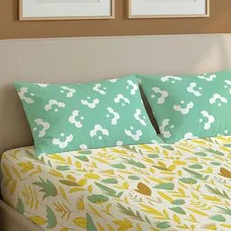 URBAN SPACE Green & Yellow Floral 144 TC Queen Bedsheet with 2 Pillow Covers image 2