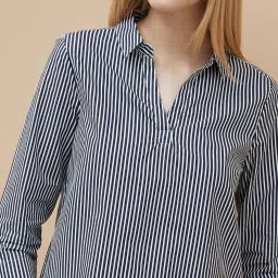 Fame Forever By Lifestyle White & Blue Cotton Regular Fit Striped Top image 4