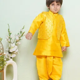 AJ Dezines Kids Mustard Embellished Full Sleeves Kurta, Dhoti with Waistcoat image 4