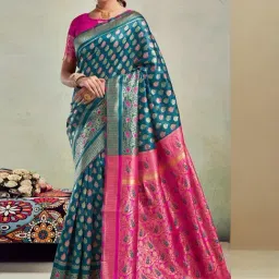 Satrani Teal Blue & Pink Woven Saree With Unstitched Blouse-image-0
