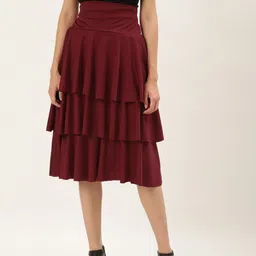 U&F Women Maroon Solid Flared Knee Length Skirt-picture-35