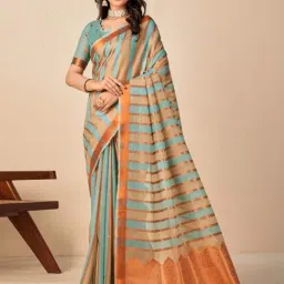 Saree Mall Blue & Brown Woven Saree With Unstitched Blouse-image-30