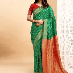 Satrani Green Silk Blend Woven Saree With Unstitched Blouse-image-38