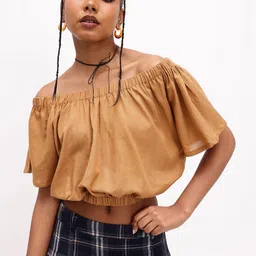 DressBerry Auburn Off-Shoulder Gathered Crop Top image 3