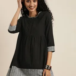 Taavi Black Woven Legacy A-Line Longline Pure Cotton Sustainable Top with Gathers image 2