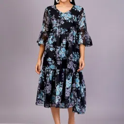 HIGHLIGHT FASHION EXPORT Floral Print Bell Sleeve Tiered Georgette Fit & Flare Midi Dress-picture-25