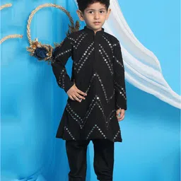 Vastramay Full Sleeves Chevron Designed Mirror Work Embellished & Embroidered Kurta With Pyjama - Black-picture-28