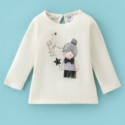 Simply Cotton Full Sleeves T-Shirt with  Rabbit Print & Bow Applique - Cream-picture-10