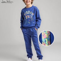 arias by lara dutta Arias Cotton Terry Knit Full Sleeves Winterwear Drop Shoulder Sweatshirt & Joggers Set with Text Print - Navy Blue-picture-34