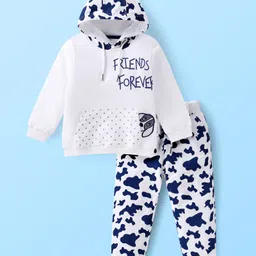 Kookie Kids Terry Knit Full Sleeves Winter Wear Hooded Sweatshirt & Lounge Pant Set With Leopard Print & Dog Patch - White-picture-24