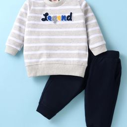 Zero Cotton Knit Full Sleeves Striped & Text Embroidered T-Shirt & Lounge Pant Set - Light Grey-picture-48