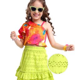 Ollington St. Georgette Printed One-Shoulder Top & Schiffli Skirt - Dark Pink & Green-picture-35
