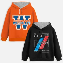 Trampoline Fleece Pack Of 2 Full Sleeves Typography Printed Hooded Sweatshirts - Orange & Black-picture-13