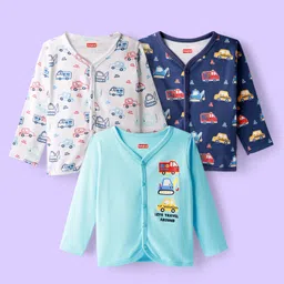 Babyhug 100% Cotton Knit Full Sleeves Antibacterial Front Open jhabla with Vehicle Print Pack of 3 - Blue & White-picture-17