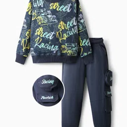 OLLINGTON ST. Cotton Full Sleeves Sweatshirt With Text Print & Knit Joggers Set - Navy Blue & Black-image-35