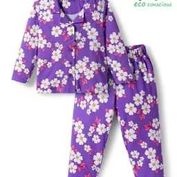 Babyoye 100% Cotton Elastane Knit Full Sleeves Co-ords Night Suit With Floral Print - Purple-picture-14