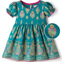 EARTHY TOUCH Single Jersey Knit Half Puffed Sleeves Floral Glitter Printed Ethnic Dress - Teal Blue-picture-35