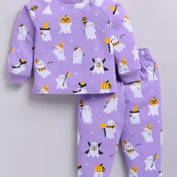 Snuggly MONKEY Cotton Jersey Knit Full Sleeves Poltergeist Printed Night Suit Set - Purple-image-81