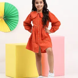 Spunkies Cotton Knit Full Sleeves Lace Detailed Shirt Style Peter Pan Collared Dress - Rust Orange-picture-14