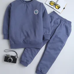 BAATCHEET Knitted Knit Full Sleeves Evil Eye Patch Detailed Light Winter Sweatshirt & Pant Set - Blue-picture-23